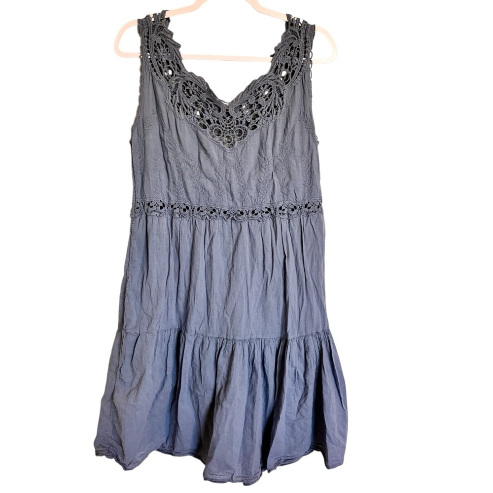 Slate Blue Boho Cotton Tiered Midi Summer Dress - M - Picture 3 of 5